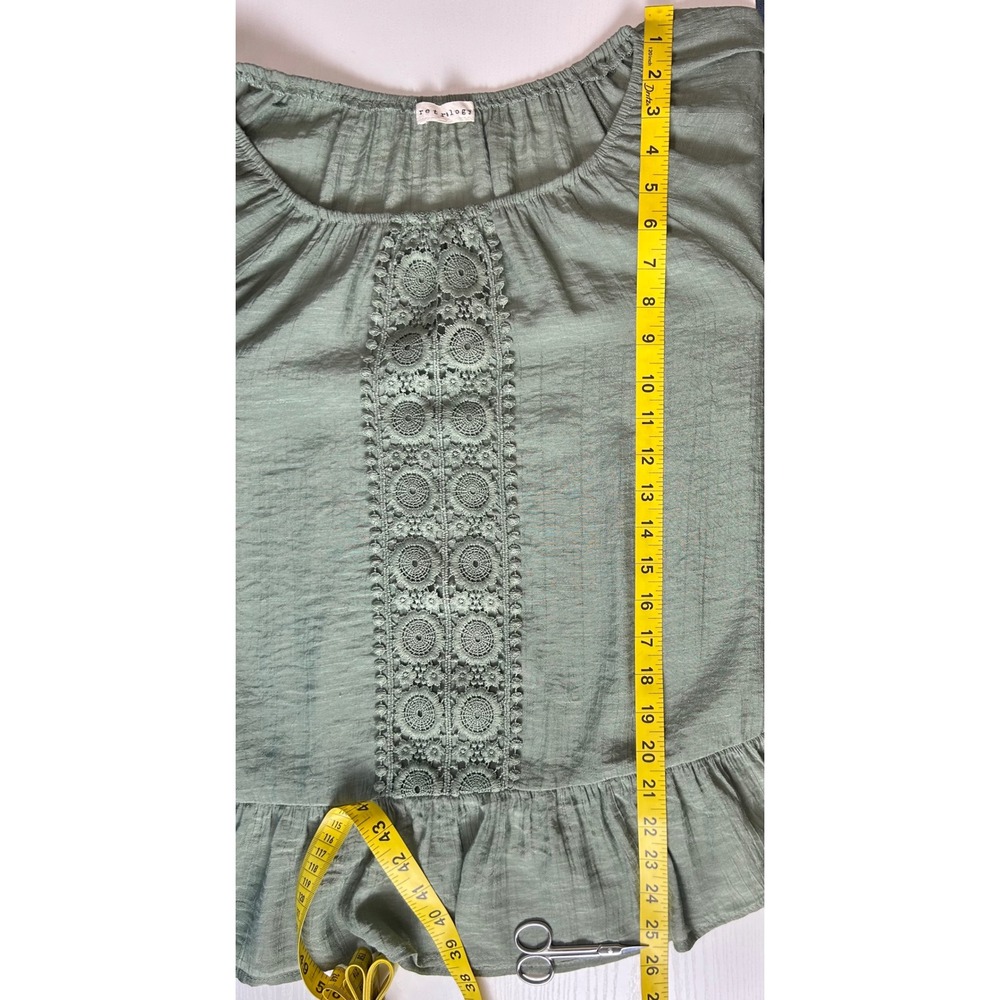 Retrology Sage Green Crochet Lace Peasant Blouse Ruffle Bell Sleeve Boho Top - Picture 4 of 9